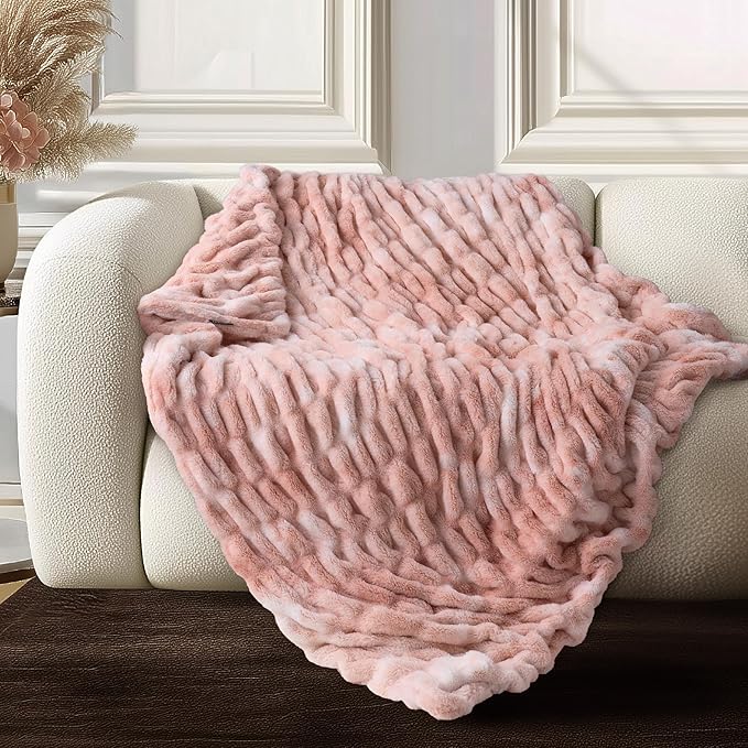 Ultra Soft Cozy Faux Fur Throw Blanket, Fuzzy Plush Thick Bubble Blanket by blunique