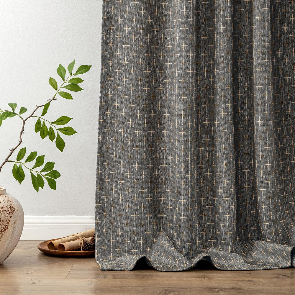 MIULEE Patterned Farmhouse Linen Curtains, Back Tab, 52Wx84L, Dark Grey