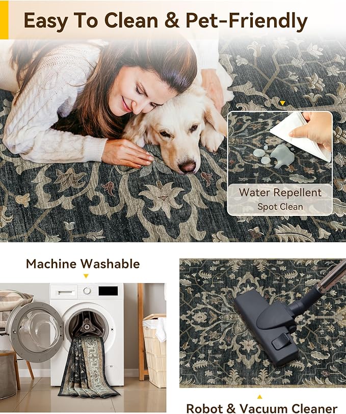 Area Rugs 5'x7' Washable Non-Slip, Floral Vintage Distress Print Pattern - Image 5