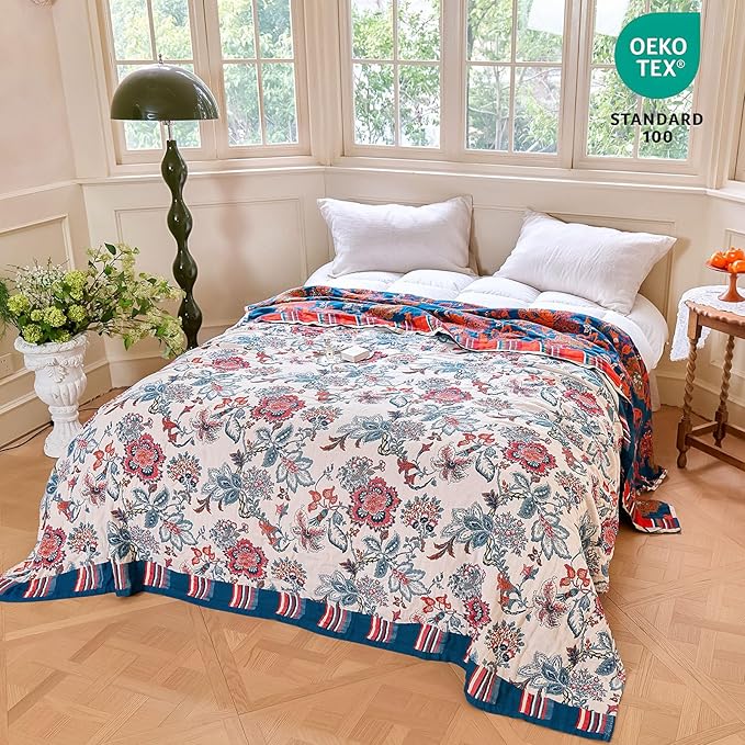 MSGKV Boho Throw Blanket 90"x90" 100% Cotton Floral Blanket - Image 6