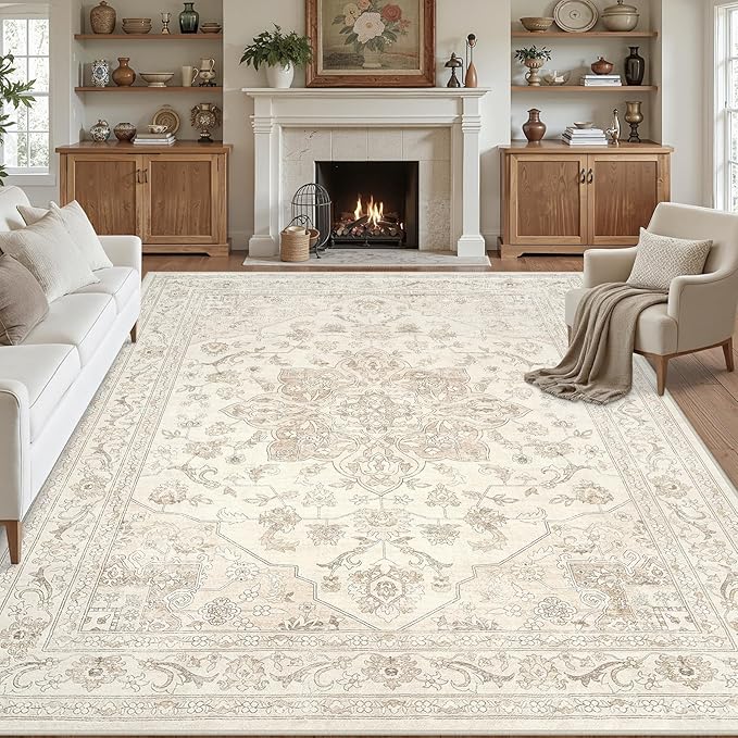 8x10 Area Rugs for Living Room: Vintage Boho Neutral Washable Rug Indoor Soft by Luxturiy