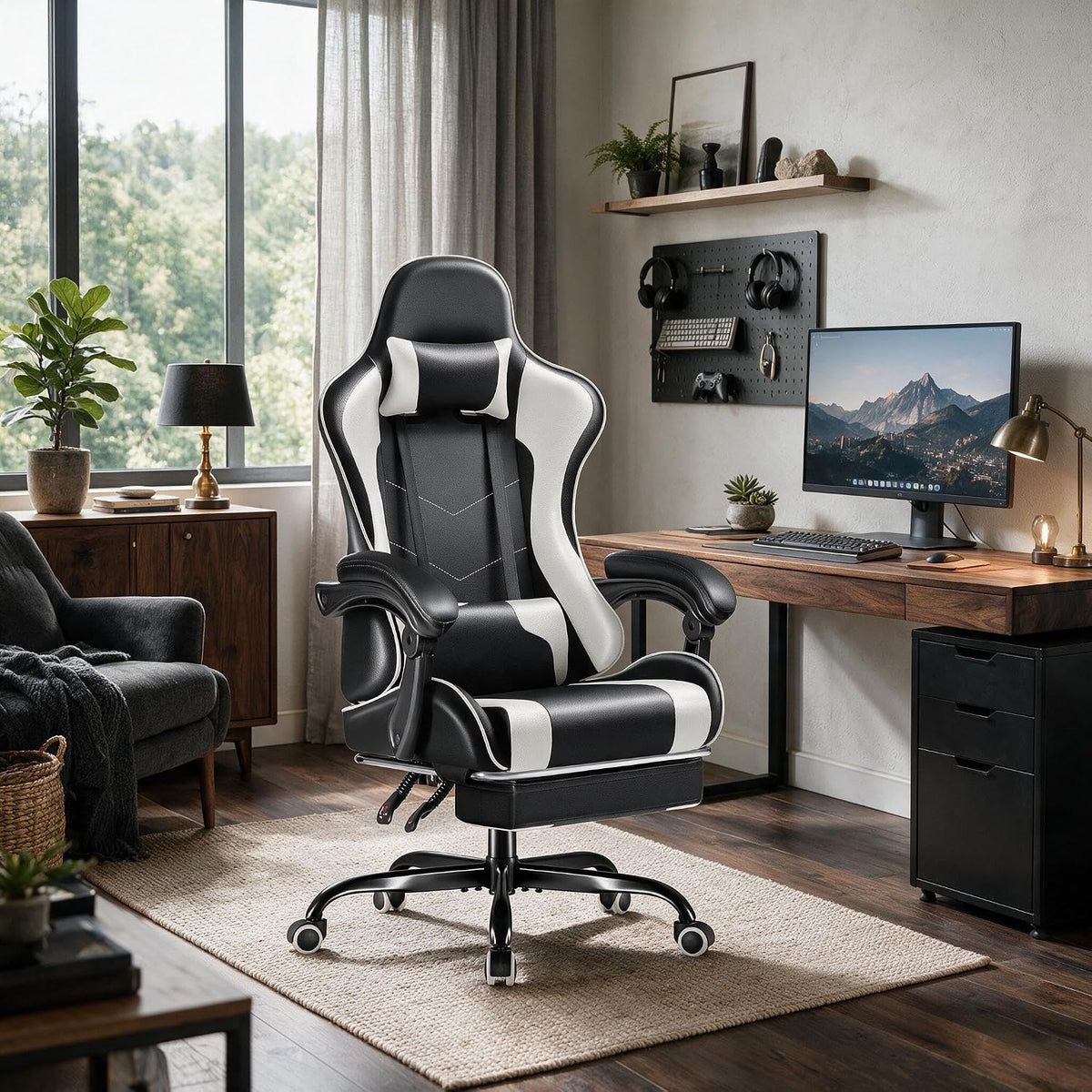 furmax gaming chair, video game chair with footrest shown in use
