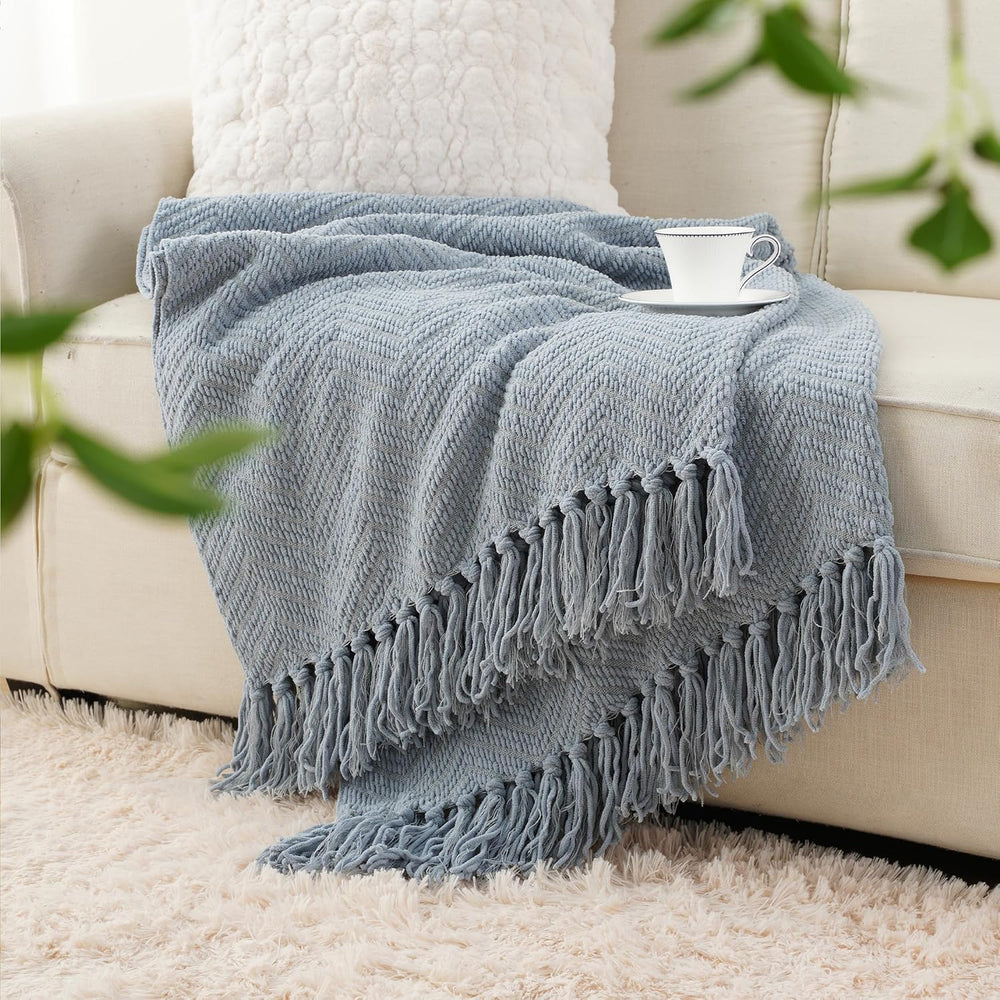 Battilo Blue Grey Throw Blanket for Couch, Knit Throw Blanket, 50"x60"