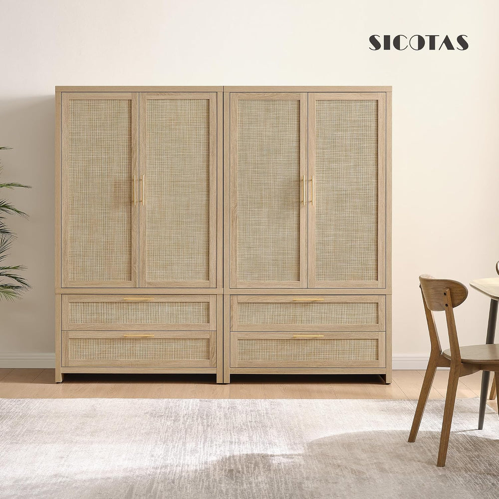 SICOTAS 71 inch Rattan Wardrobe Closet, Boho Armoire Wardrobe with Drawers