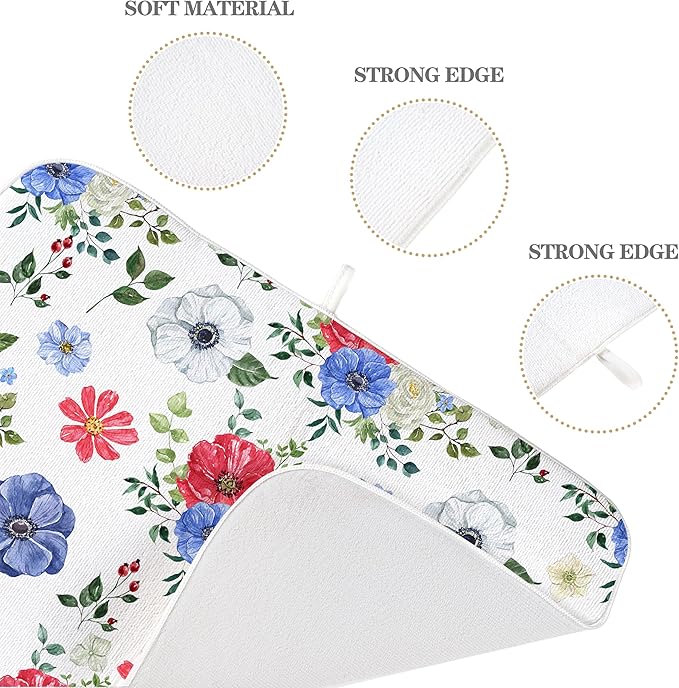 Blue Red Floral Dish Drying Mats 18x24 Inch Independence Day Flower Drying Mats - Image 7