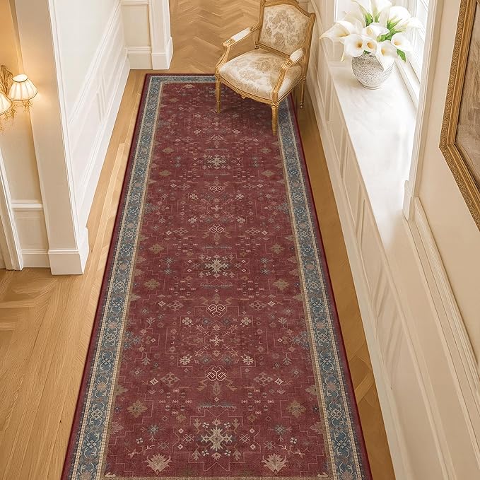Dark Red 2'6''x10' Wide Hallway Runner Rug - 10ft Long Washable Non Slip Indoor by HazoHaus