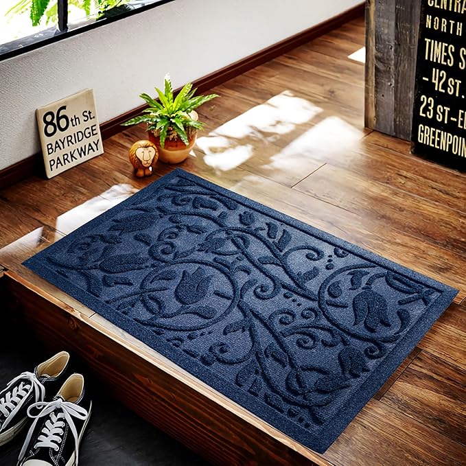 Boho Blue Floral Leaves Outdoor Indoor Entrance Doormats, Absorbent Durable - Image 4