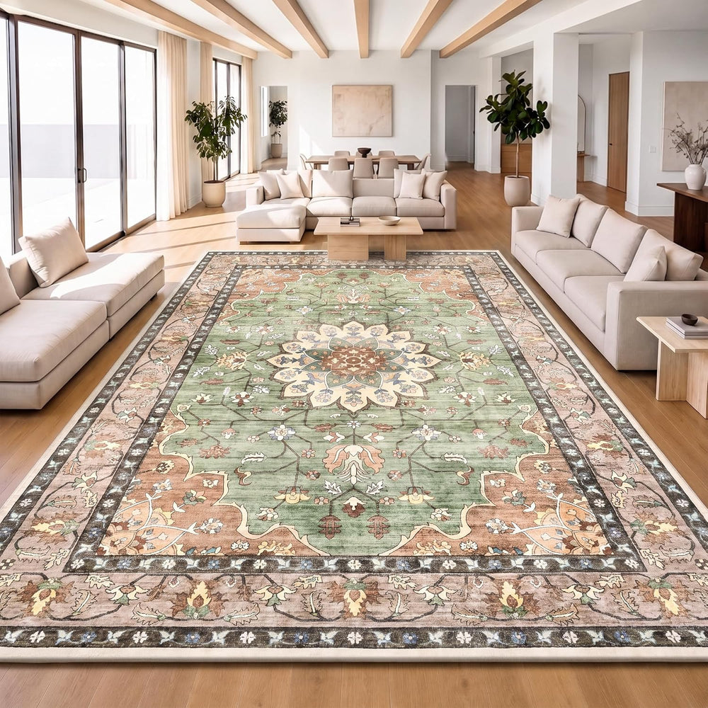 9x12 Washable Area Rug, Large Vintage Distressed Medallion Rugs