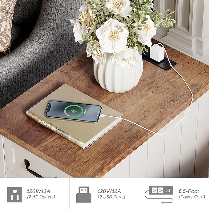 WAMPAT End Table with Charging Station, White Side Table with Storage Cabinet...