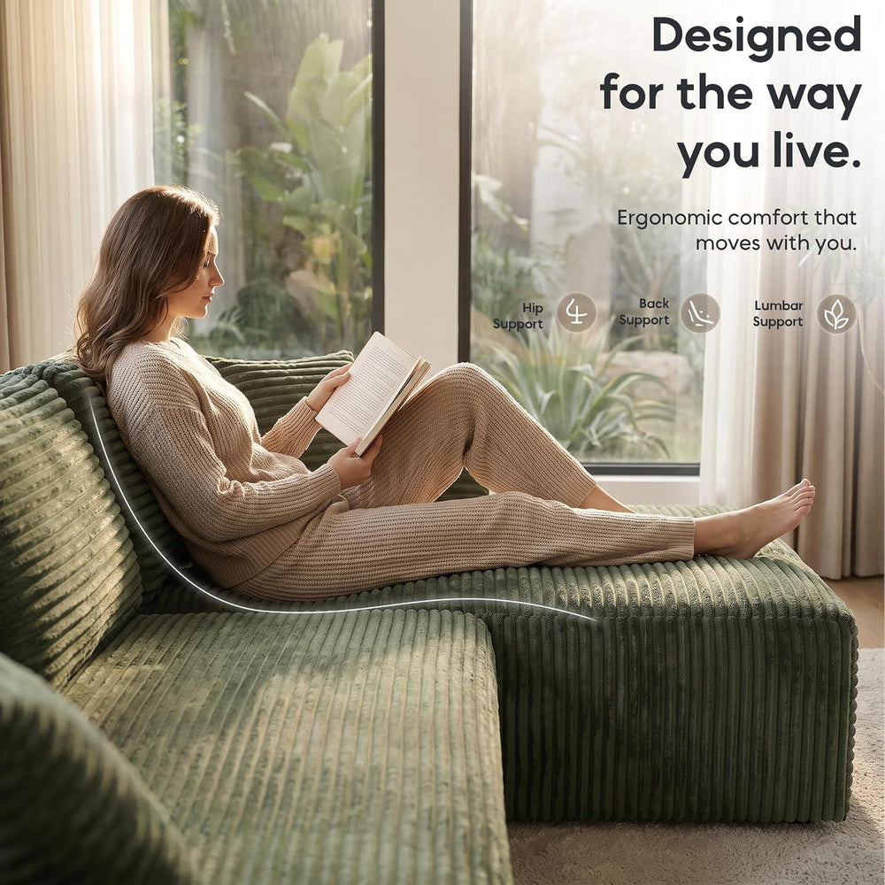 133" U-Shaped Modular Sectional Sofa, Corduroy Boneless Couch, Green | C...