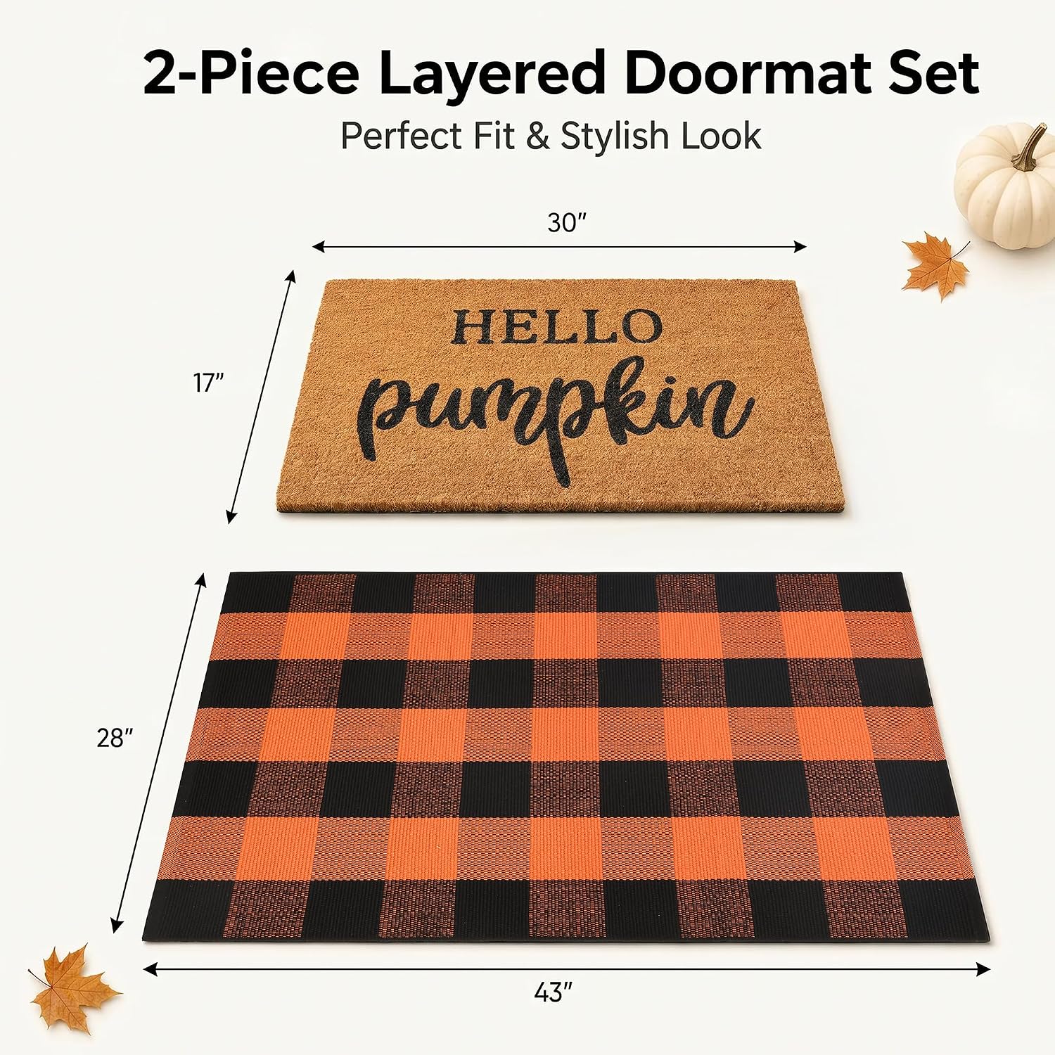 Fall Decor Door Mat Combo Set, 100% Coco Coir Welcome Mat + 28 x 43 Inches Orange and Black Plaid Rug- Fall Thanksgiving Front Porch Entryway Floor Doormat, Indoor Outdoor Autumn Mats Hello Pumpkin