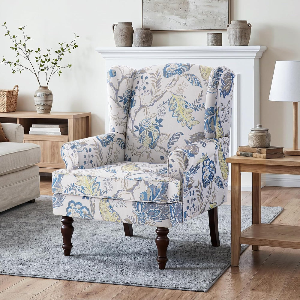 HUIMO Printed Wingback Accent Chair, Linen Upholstered High Back Armchair, Co...