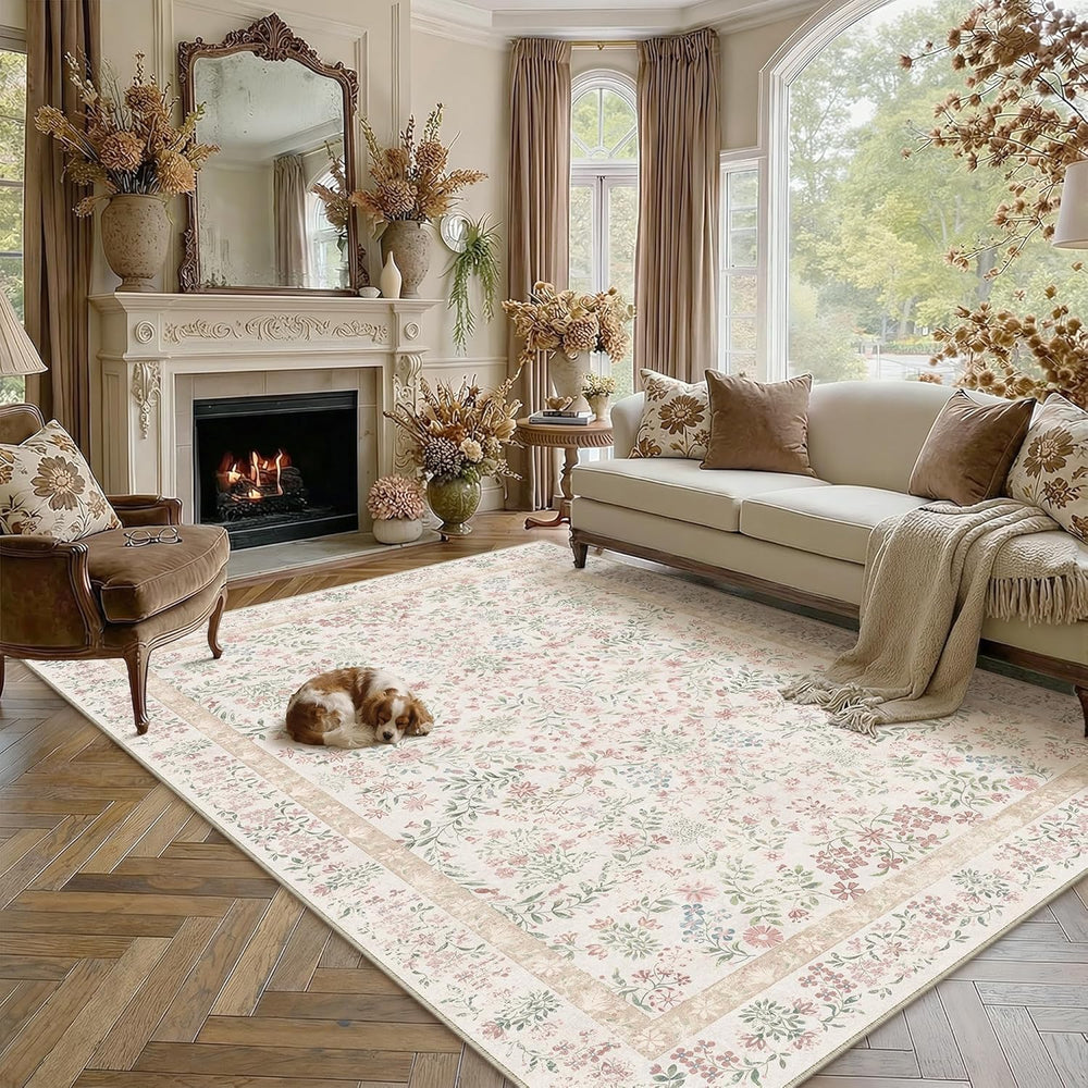 PureCozy 8x10 Pink Floral Area Rug Vintage Farmhouse Style