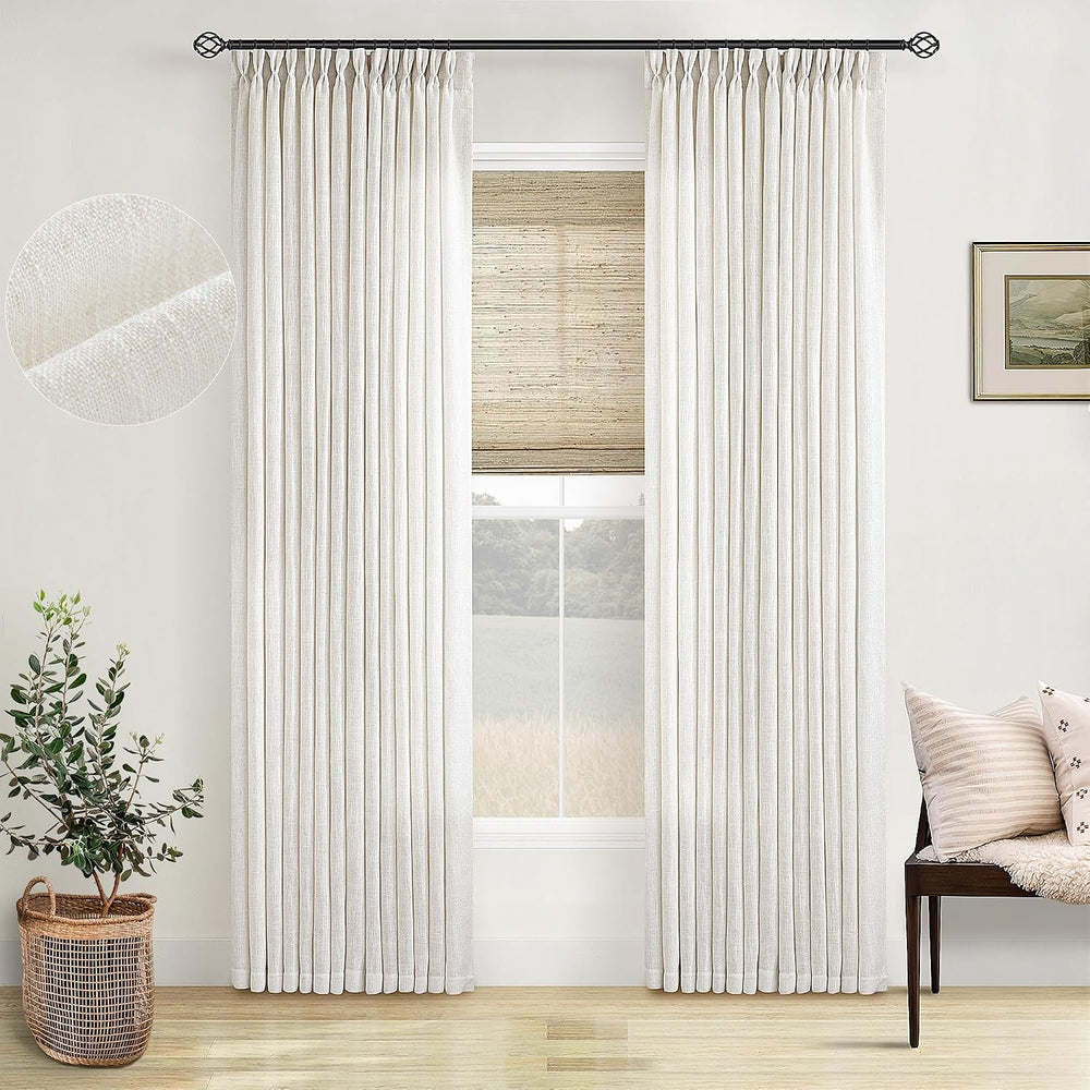 Natural Pinch Pleated Linen Curtains 96 Inches Long Living Room