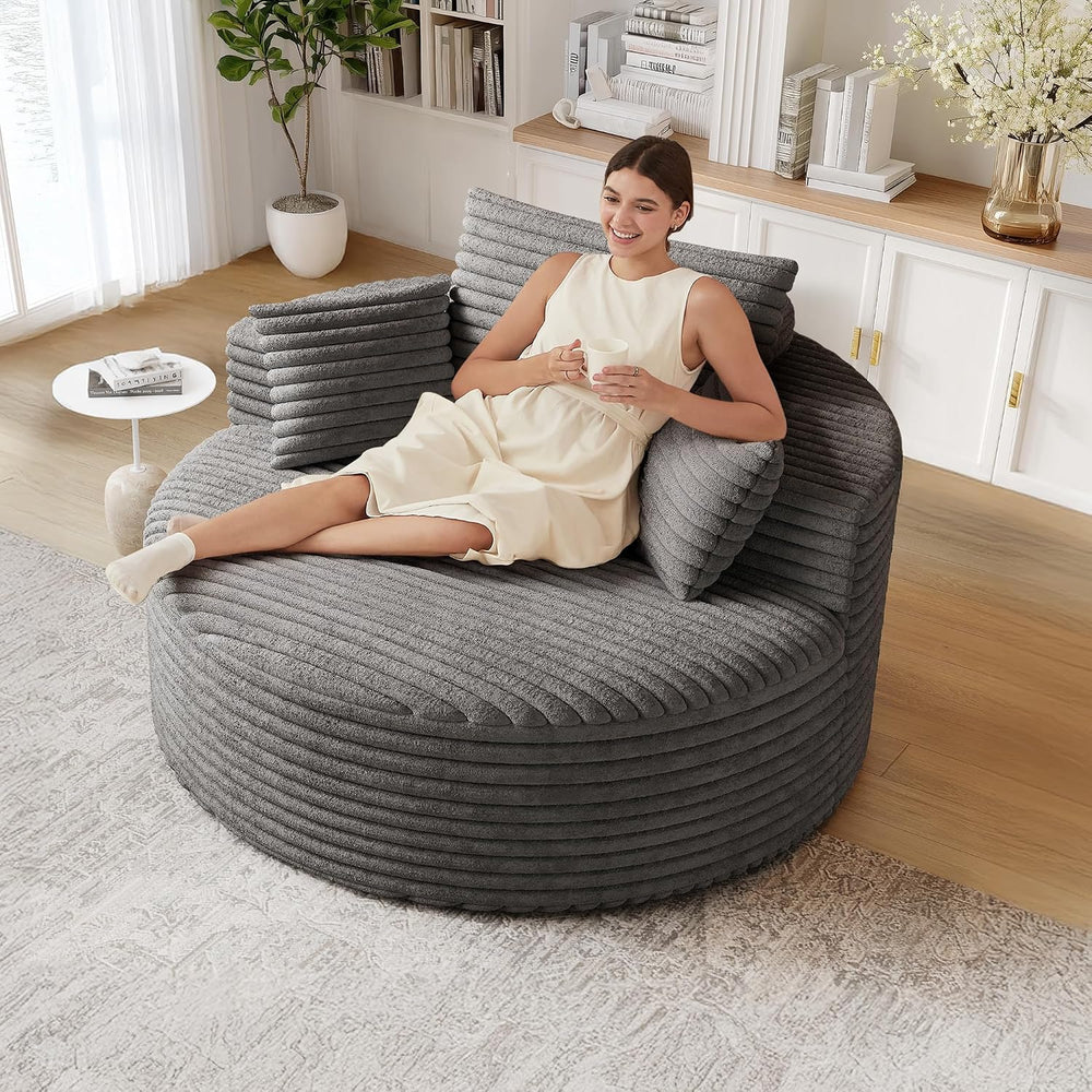 Oversized Round Chaise Lounge, 50" Corduroy Boneless Chair, Grey | Deep ...