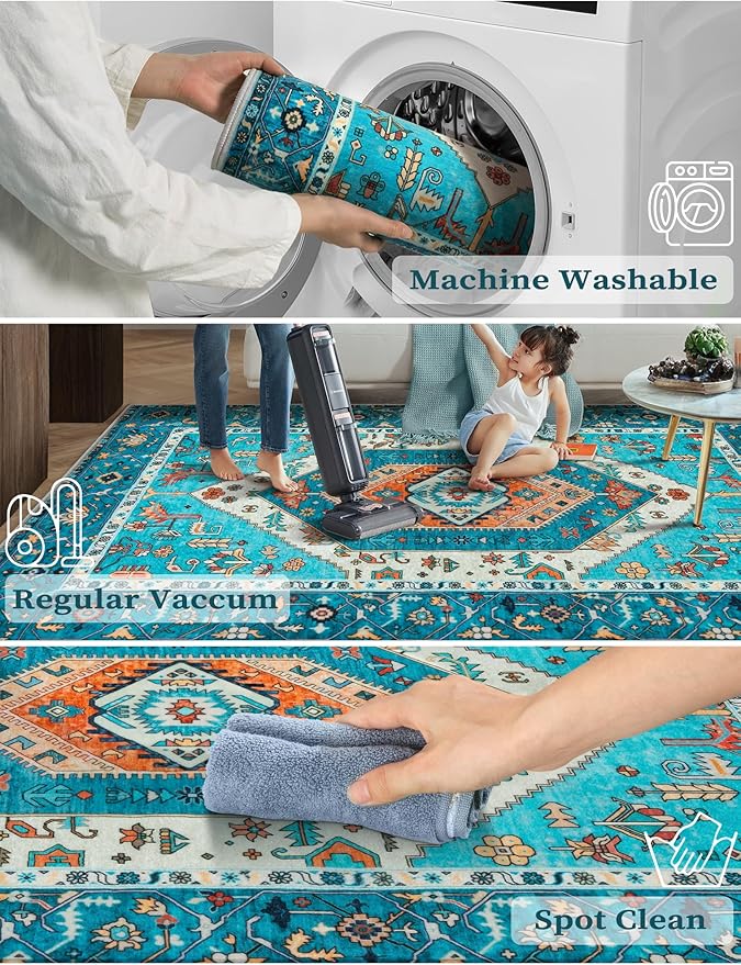 SERISSA Boho Washable Runner Rug, 2x6 Rug Runner Non-Slip Vintage Blue Hallway - Image 3