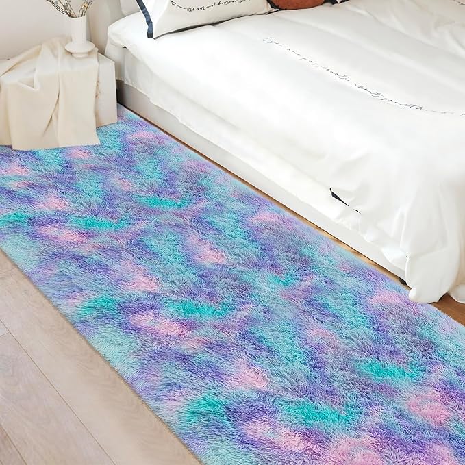 Super Soft Fluffy Living Room Area Rug 3x10 ft Purple Rainbow Tie-Dyed Shaggy - Image 3