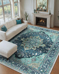 Area Rugs 9'x12' Washable Non-Slip, Floral Vintage Distress Print Pattern by RELEANY