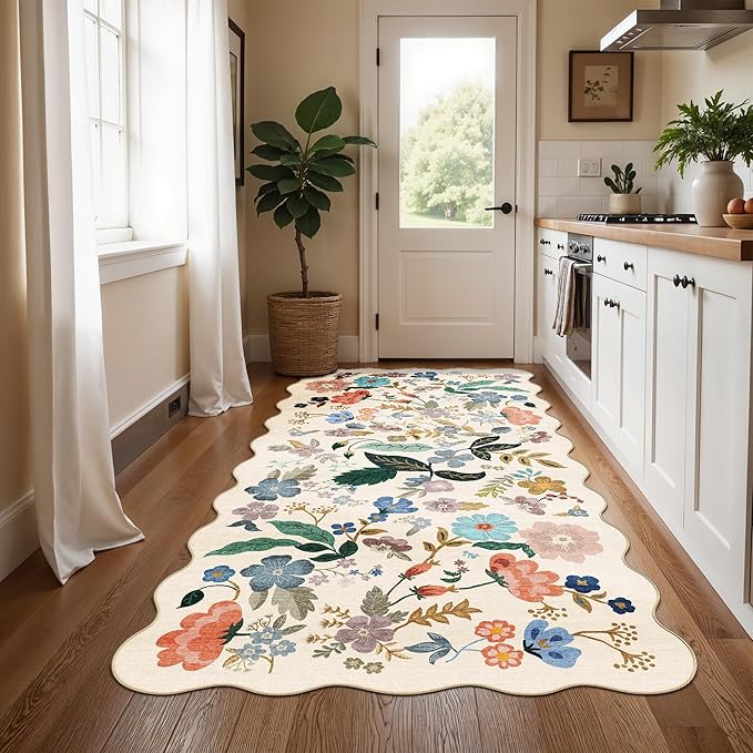 Washable 4x8 Wide Runner Rug: Hallway Entryway Non Slip Scalloped Floral Rug - Image 4