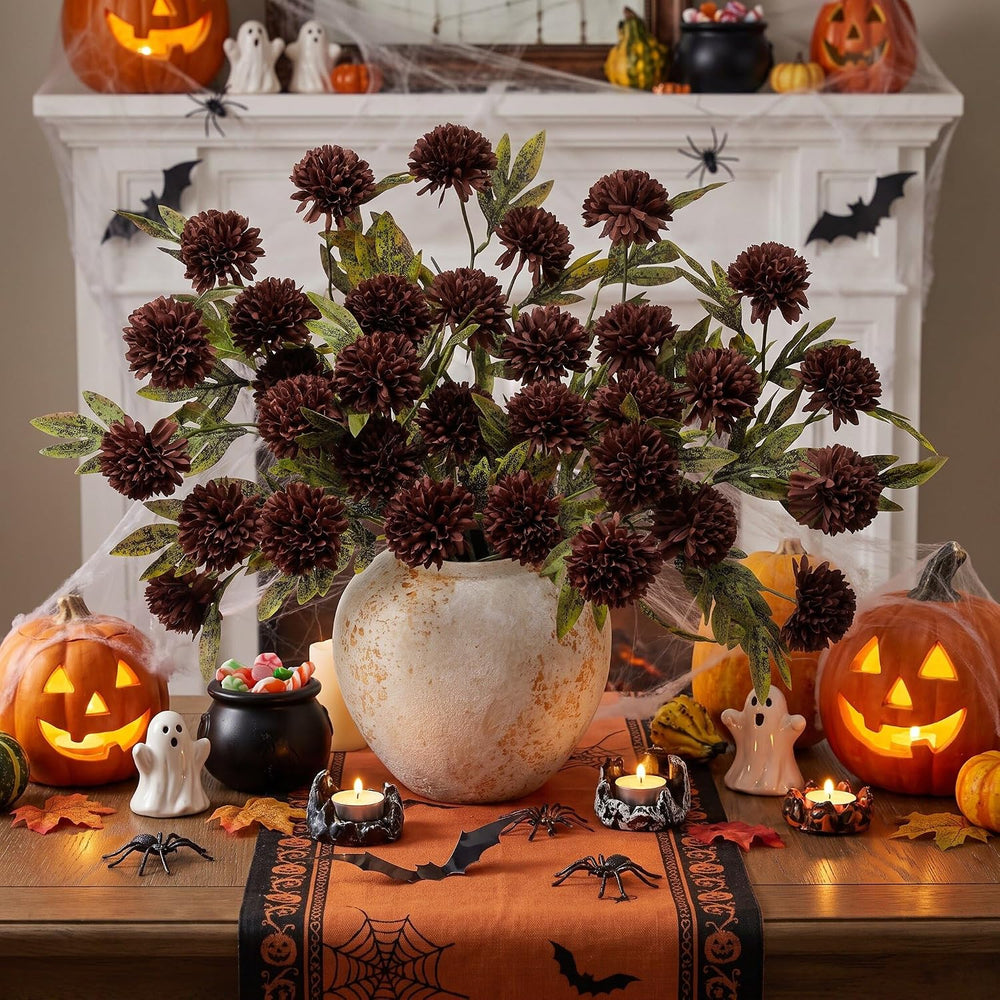 Knitgrip 8 Pcs Faux Silk Pom Pom Mum Artificial Flowers, Chocolate