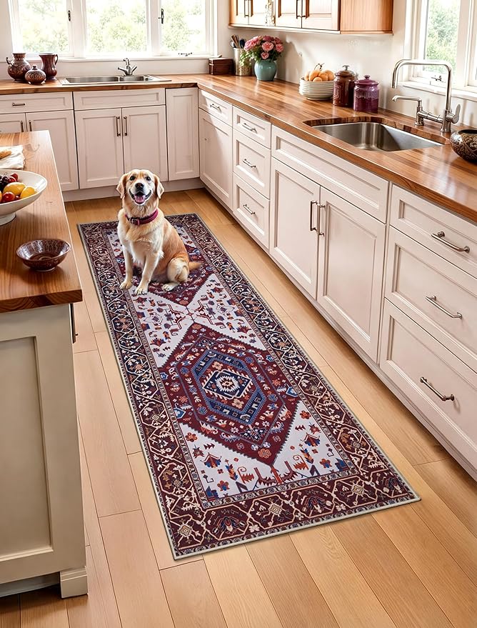 SERISSA Boho Washable Runner Rug, 2x5 Rug Runner Non-Slip Vintage Burgundy Navy by SERISSAHomeDecorCollection