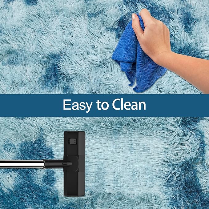 Super Soft Fluffy Living Room Area Rug 3x10 ft Tie-Dyed Light Blue Shaggy Furry - Image 7