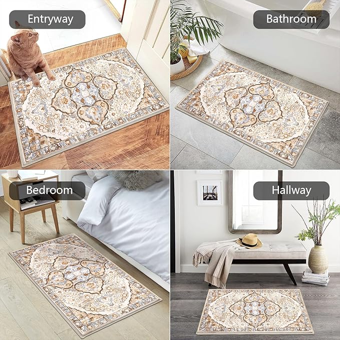 HEBE Washable Area Rug 2'x3' Non Slip Soft Distressed Medallion Bedroom & - Image 4