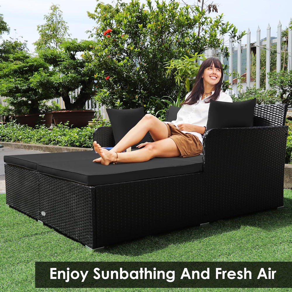 Tangkula Outdoor Rattan Daybed, Wicker Furniture with Spacious Seat, Upholste...
