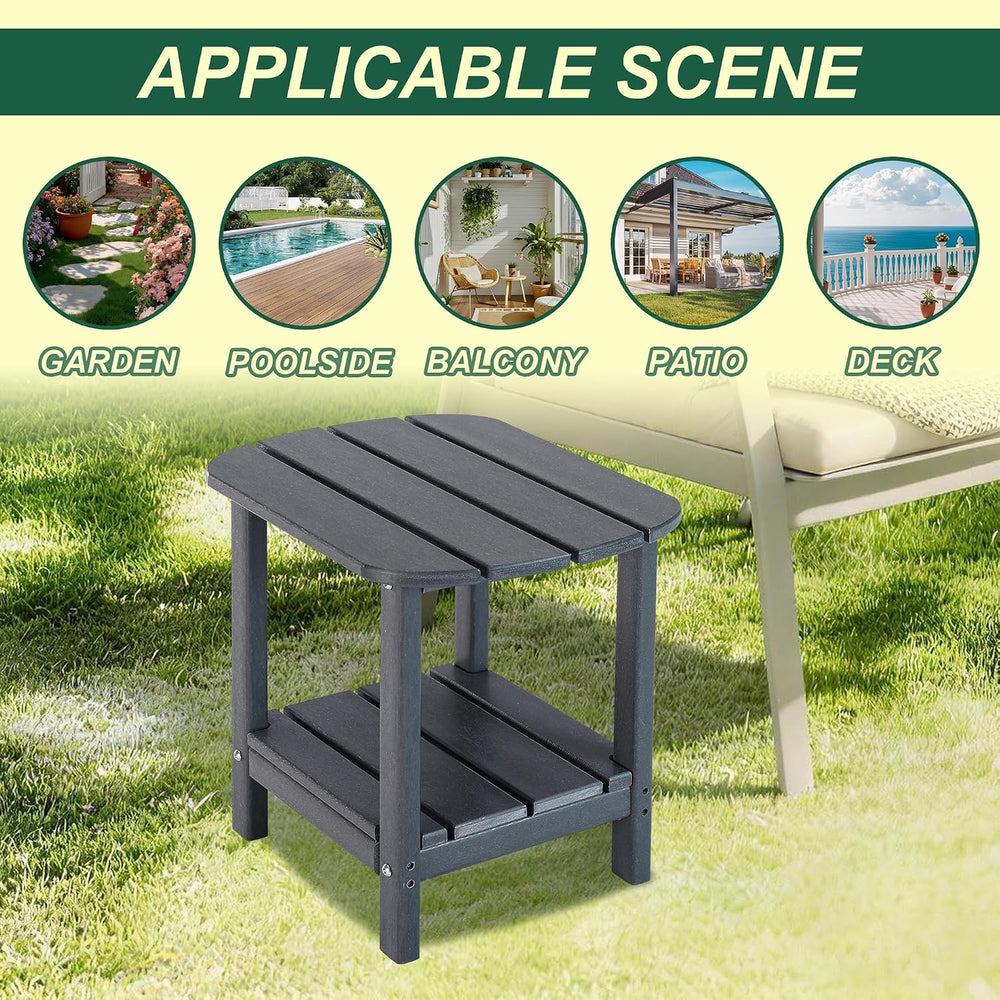 LZRS 2-Tier Patio Side Table, Heavy Duty HDPE Outdoor End Table with Wood Tex...