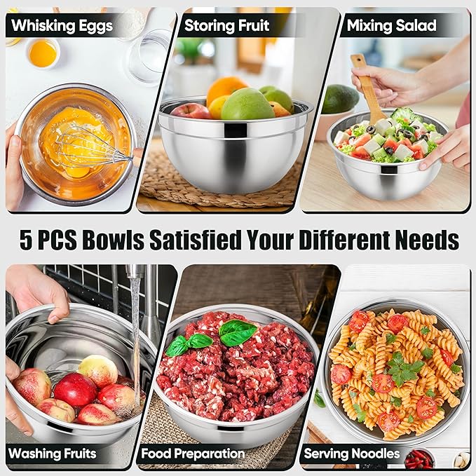 P&P CHEF Mixing Bowls with Airtight Lids Set of 5, 10-Piece Stainless Steel - Image 5