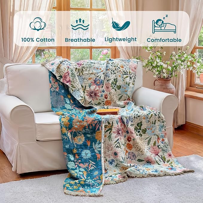 MSGKV Boho Throw Blanket 60"x80" Bed Floral 100% Cotton Blanket Spring - Image 2