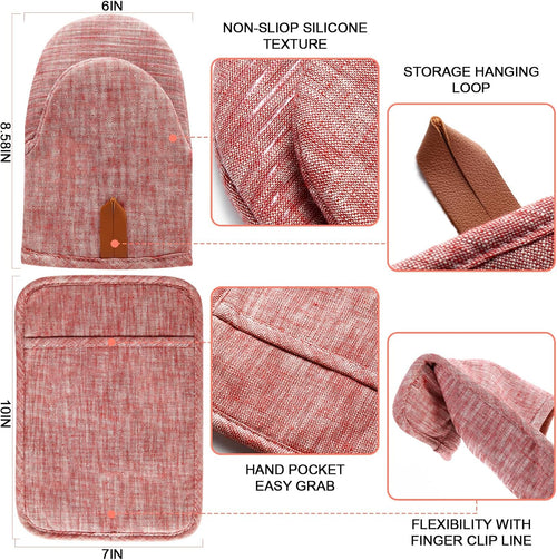 4Pcs Heat Resistant Oven Mitts & Potholders (Up to 500°F), Flexible Kitchen Accessories for BBQ, Baking, Microwave, Stovetop Use and More (Pink)