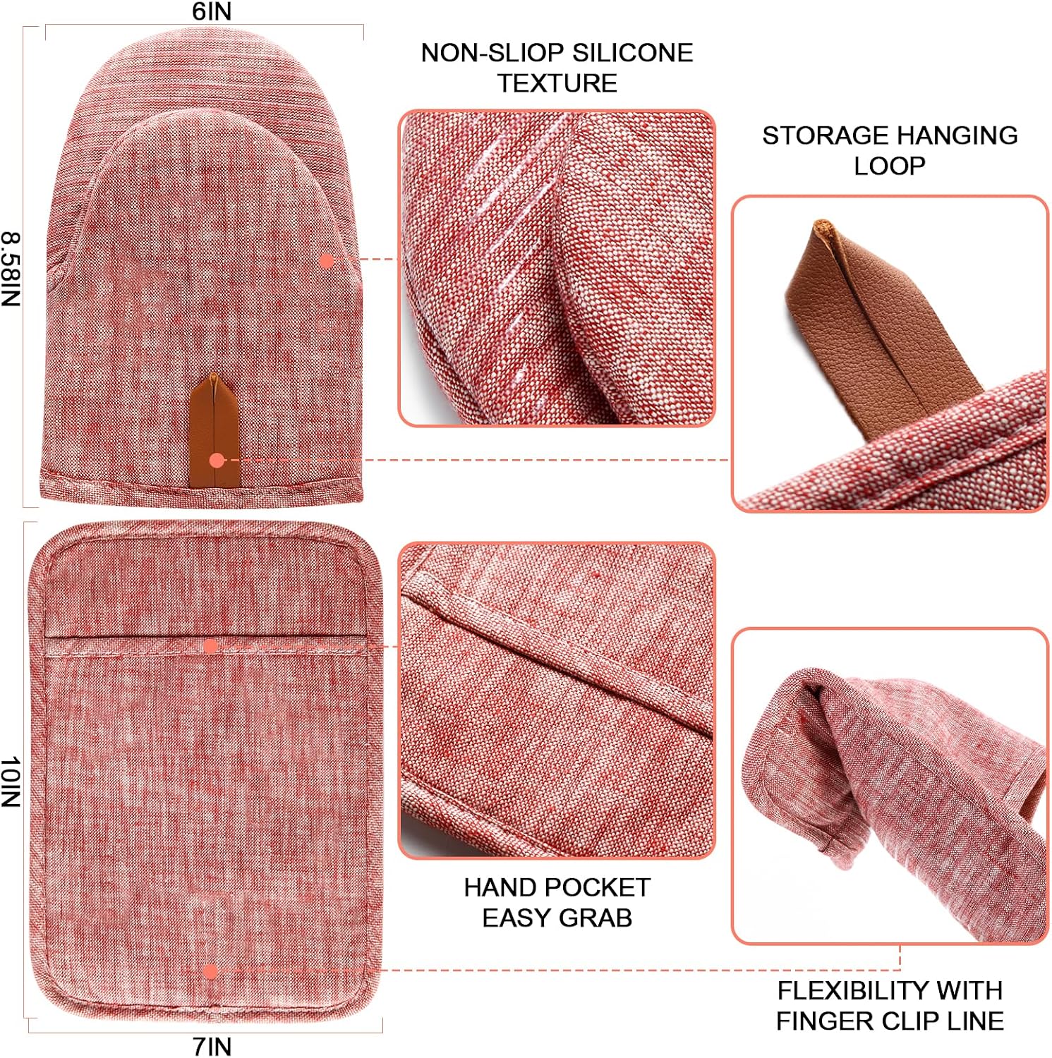 4Pcs Heat Resistant Oven Mitts & Potholders (Up to 500°F), Flexible Kitchen Accessories for BBQ, Baking, Microwave, Stovetop Use and More (Pink)
