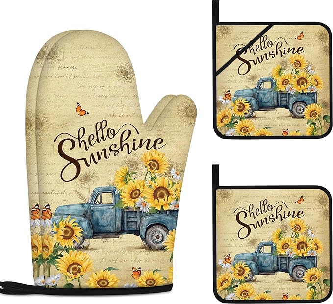Sunflower Oven Mitts and Pot Holders Sets Vintage Floral Oven Gloves Heat by Kupenya