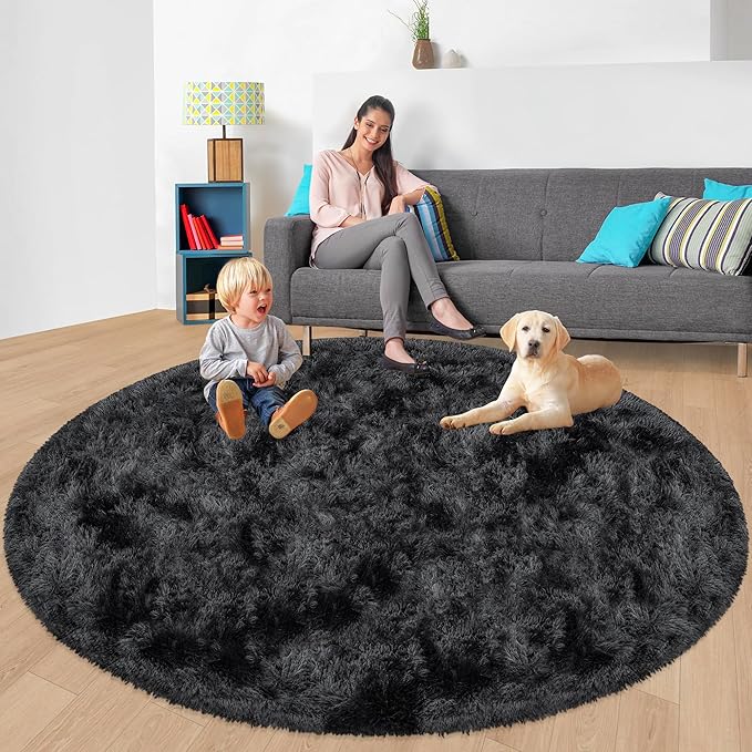 7x7 ft Tie Dye Black Round Rug for Bedroom Room Fluffy Circle Rug Furry Carpet by JiaoBaba