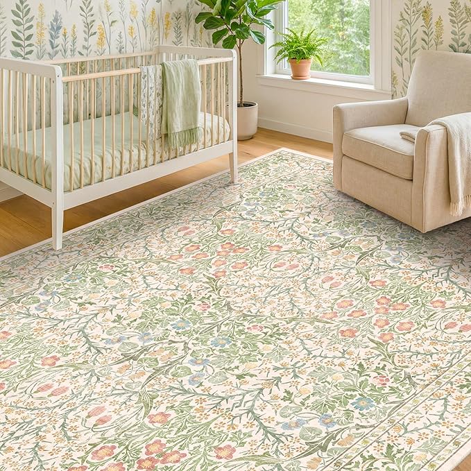 Washable Beige Green 5x8 Area Rug - Image 3