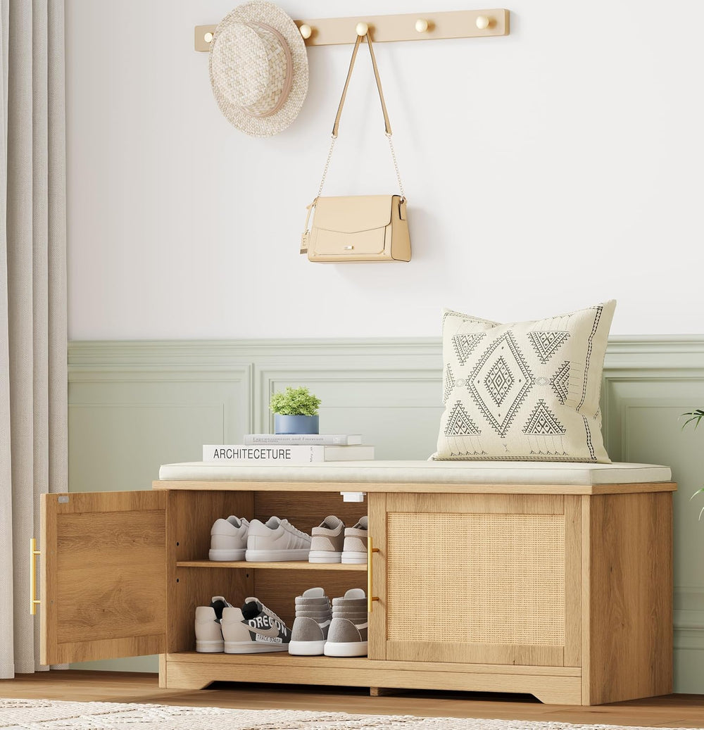Rattan Shoe Storage Bench with Cushion, 39.4" Wide Entryway Bench with A...