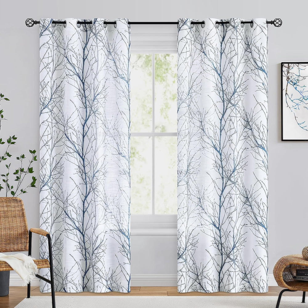 FMFUNCTEX Linen Blue White Semi Sheer Print Curtains 84 Inch Long 2 Panels
