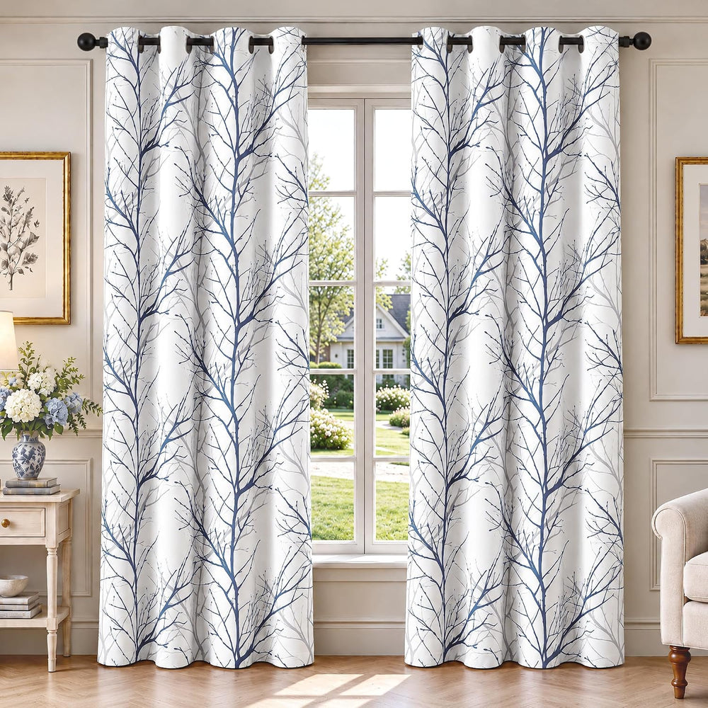 FMFUNCTEX 100% Blackout Blue Grey Tree Branch Curtains 54 Inch 2 Panels