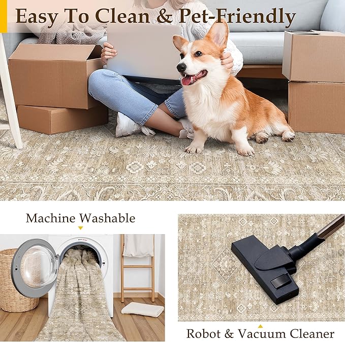 2x3 Washable Area Rug for Entryway Kitchen Vintage Beige Non Slip Low Pile Door - Image 4