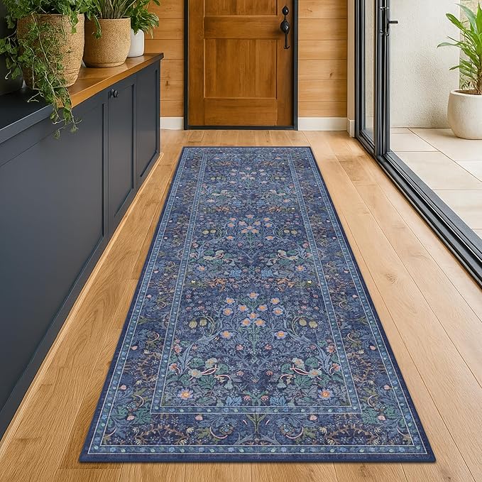 Dark Blue 3x8 Wide Hallway Runner Rugs Indoor Non Slip, 8ft Oriental Washable by HazoHaus