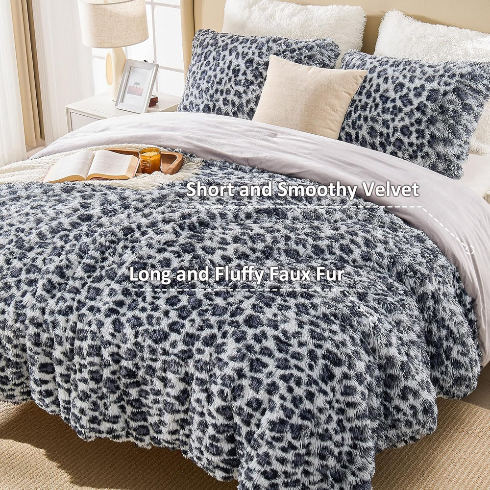 EMME Faux Fur Comforter Sets King Size Grey Leopard Soft Fluffy Bedding