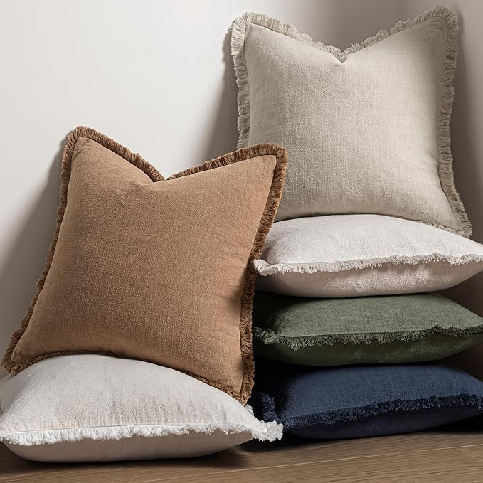 MIULEE Decorative Throw Pillow Covers Neutral Linen Fringe Throw Pillows Set of - Image 5