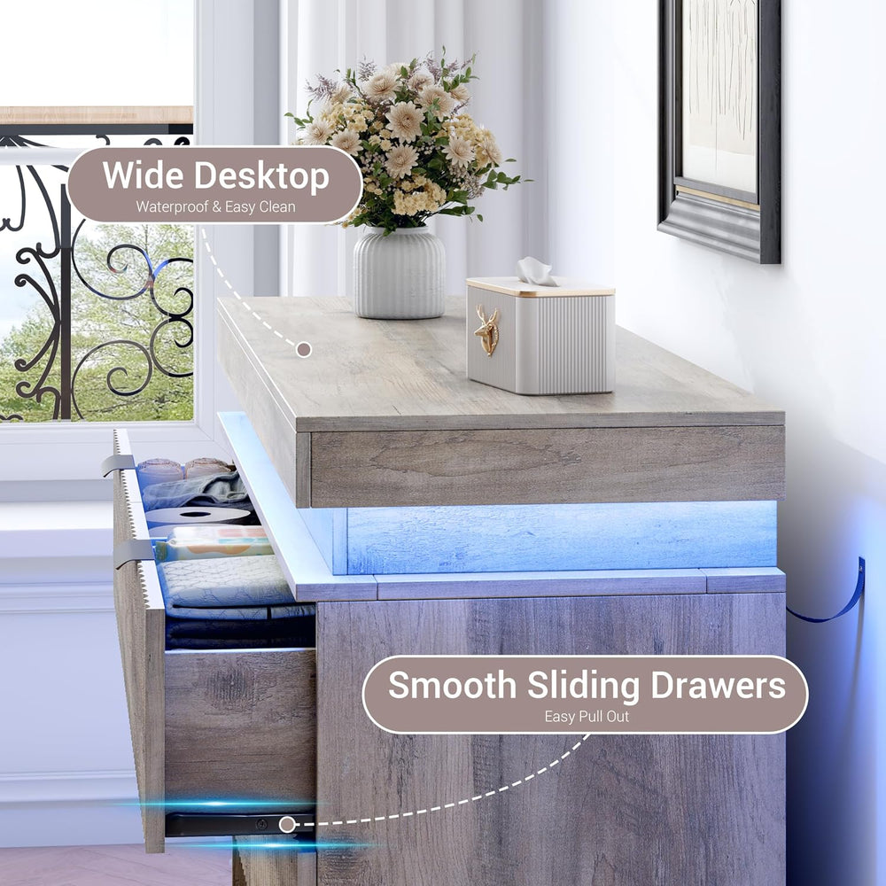 Fluted 6 Drawer Dresser for Bedroom with Charging Station, Grey