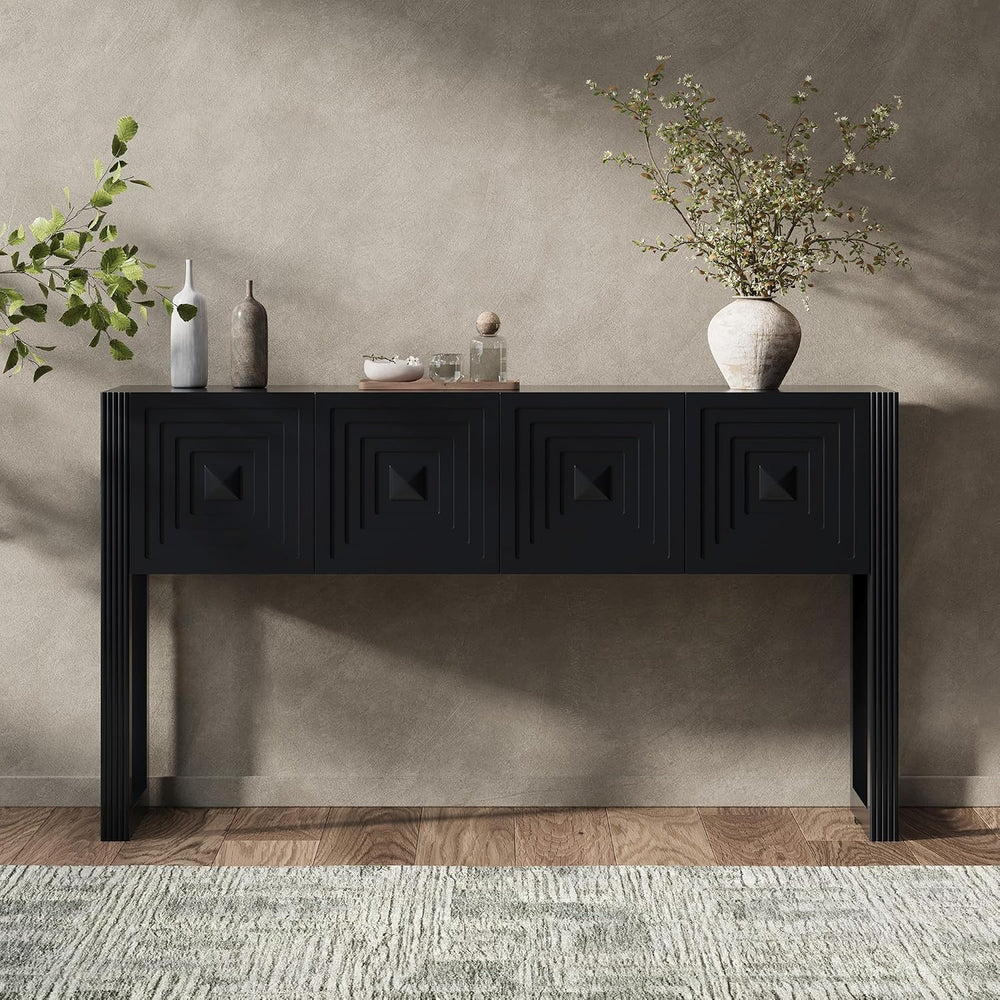 55 Inch Console Table with Geometric Carved Front | Pine wood and MDF build, ...