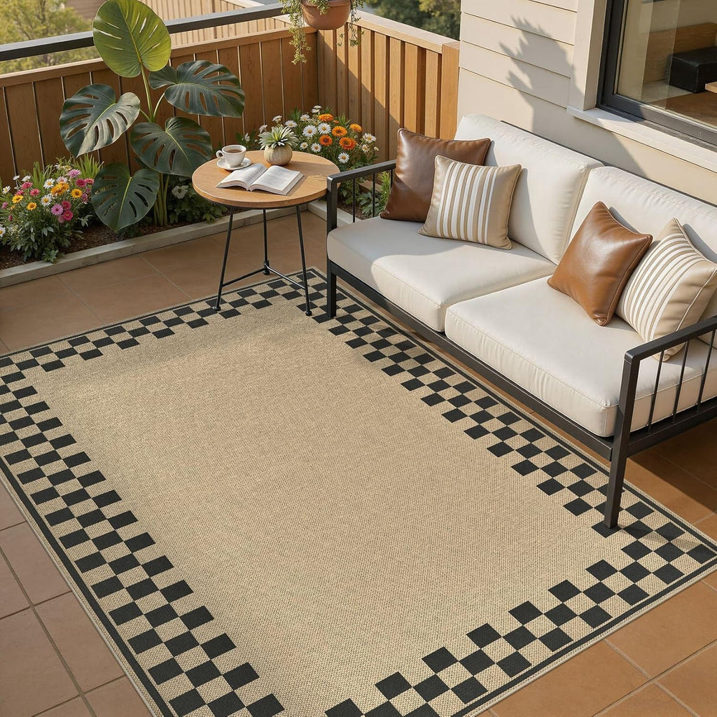 UERMEI 5x7 Outdoor Jute Area Rug Patio Neutral Washable Checkered Brown | Easy Non Slip Pet Friendly Indoor Farmhouse Carpet for Living Room Bedroom Dining Backyard