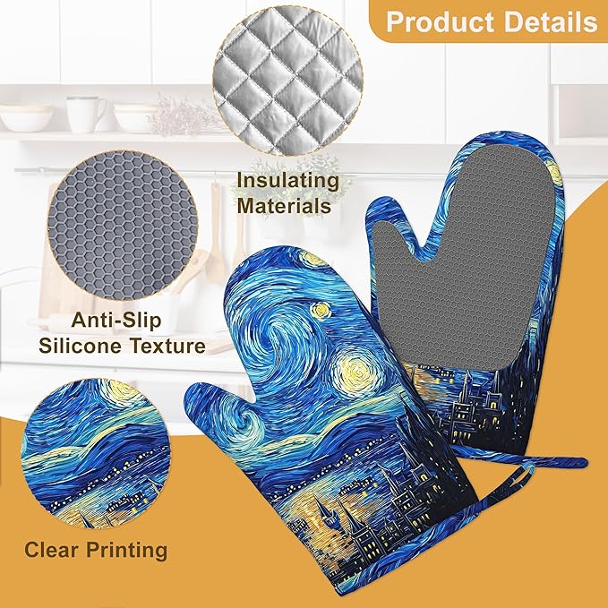Starry Night Oven Mitts and Pot Holders Set of 4, Heat Resistant Non Slip - Image 3