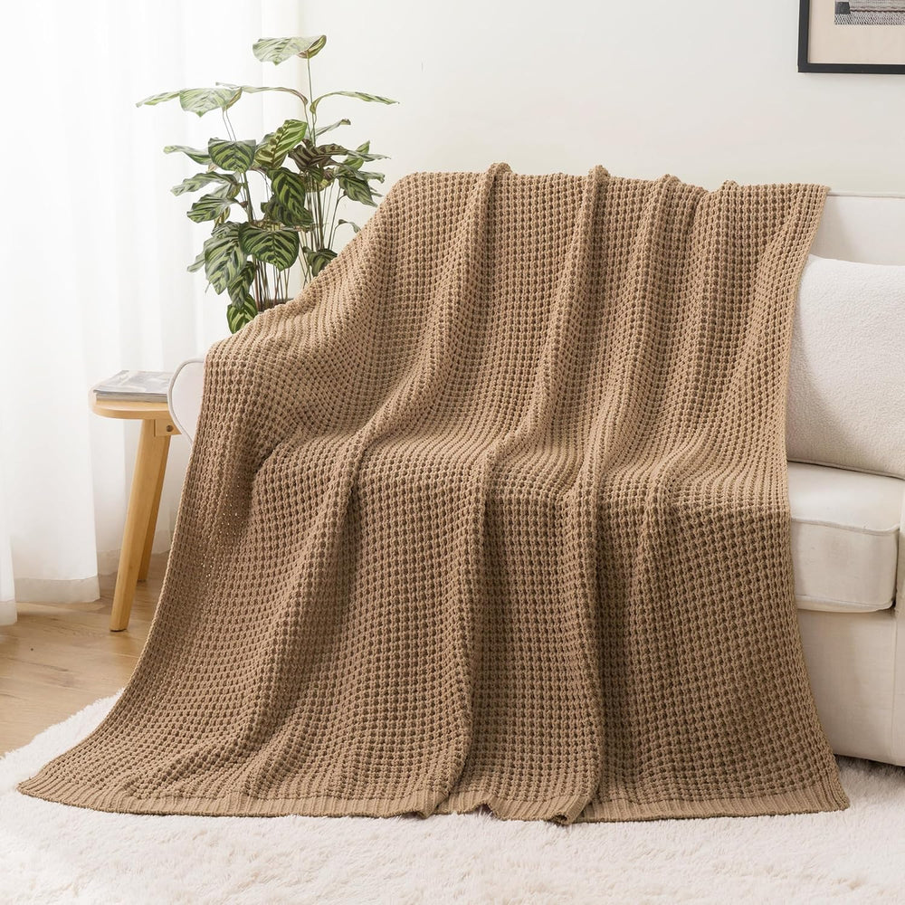 Beige Throw Blanket for Couch, Tan Waffle Knitted Throw Blankets 50"x60&...
