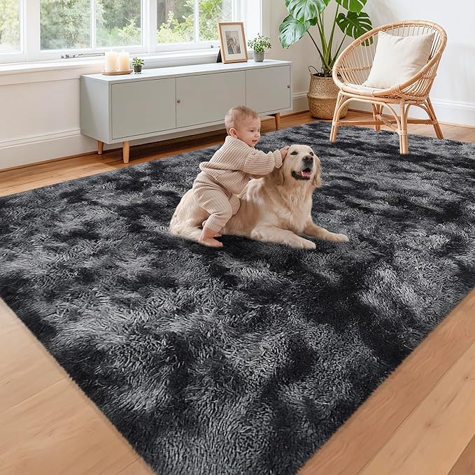 Black Grey Tie-Dyed Rug for Living Room 6x9 Fluffy Area Rug Mat Bedside Throw by JiaoBaba