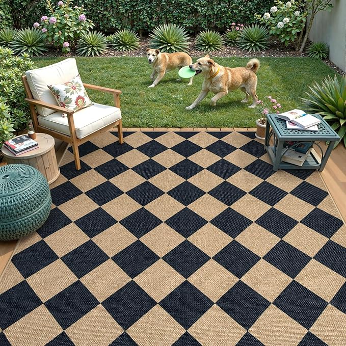 Lahome Checkered Easy Jute 5x7 Area Rugs, Washable Outdoor Patio Rug - Image 2